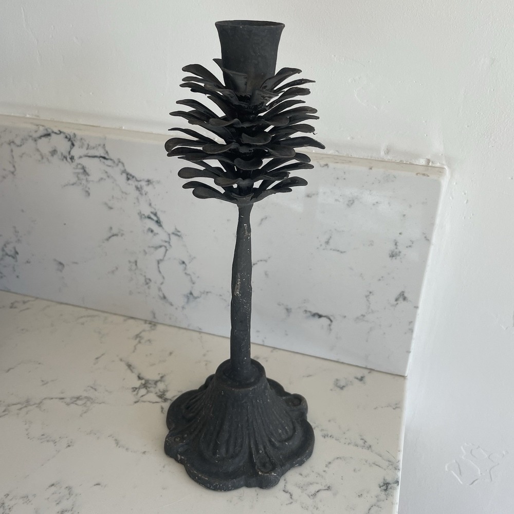 Vtg Rustic Cast Iron Pinecone Taper Candle Holder Cabin Lodge Pine Cone Cottage
